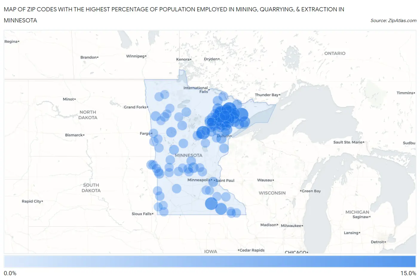 Zip Codes with the Highest Percentage of Population Employed in Mining, Quarrying, & Extraction in Minnesota Map