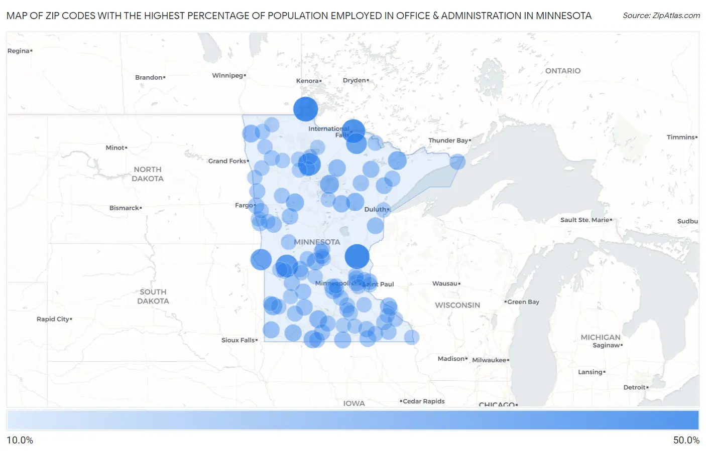Zip Codes with the Highest Percentage of Population Employed in Office & Administration in Minnesota Map