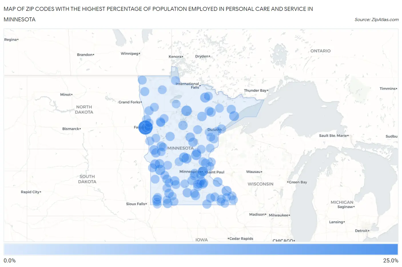 Zip Codes with the Highest Percentage of Population Employed in Personal Care and Service in Minnesota Map