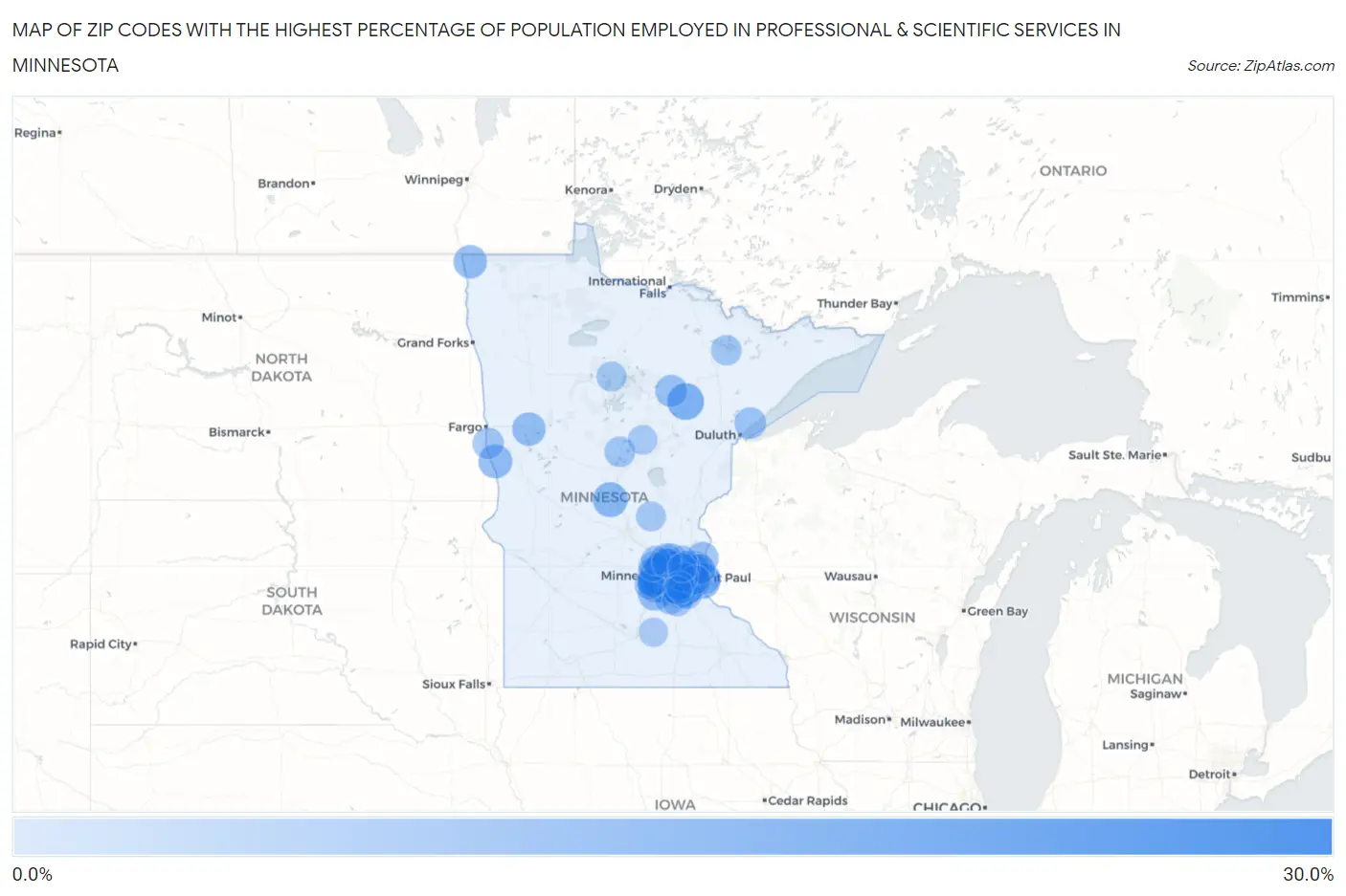 Zip Codes with the Highest Percentage of Population Employed in Professional & Scientific Services in Minnesota Map