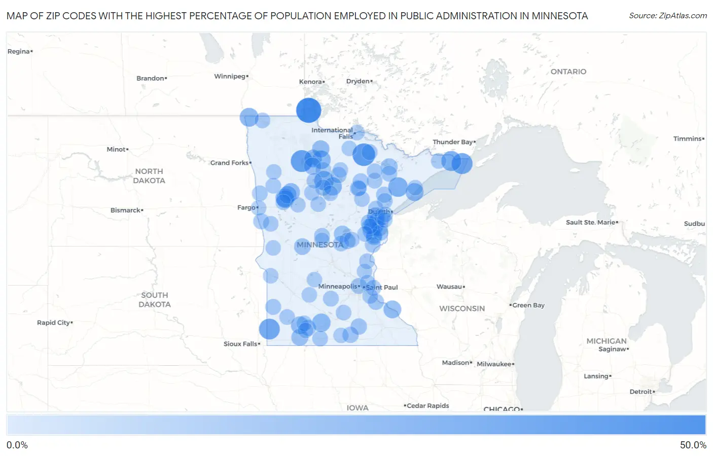 Zip Codes with the Highest Percentage of Population Employed in Public Administration in Minnesota Map