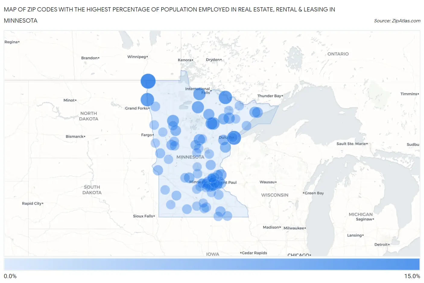 Zip Codes with the Highest Percentage of Population Employed in Real Estate, Rental & Leasing in Minnesota Map
