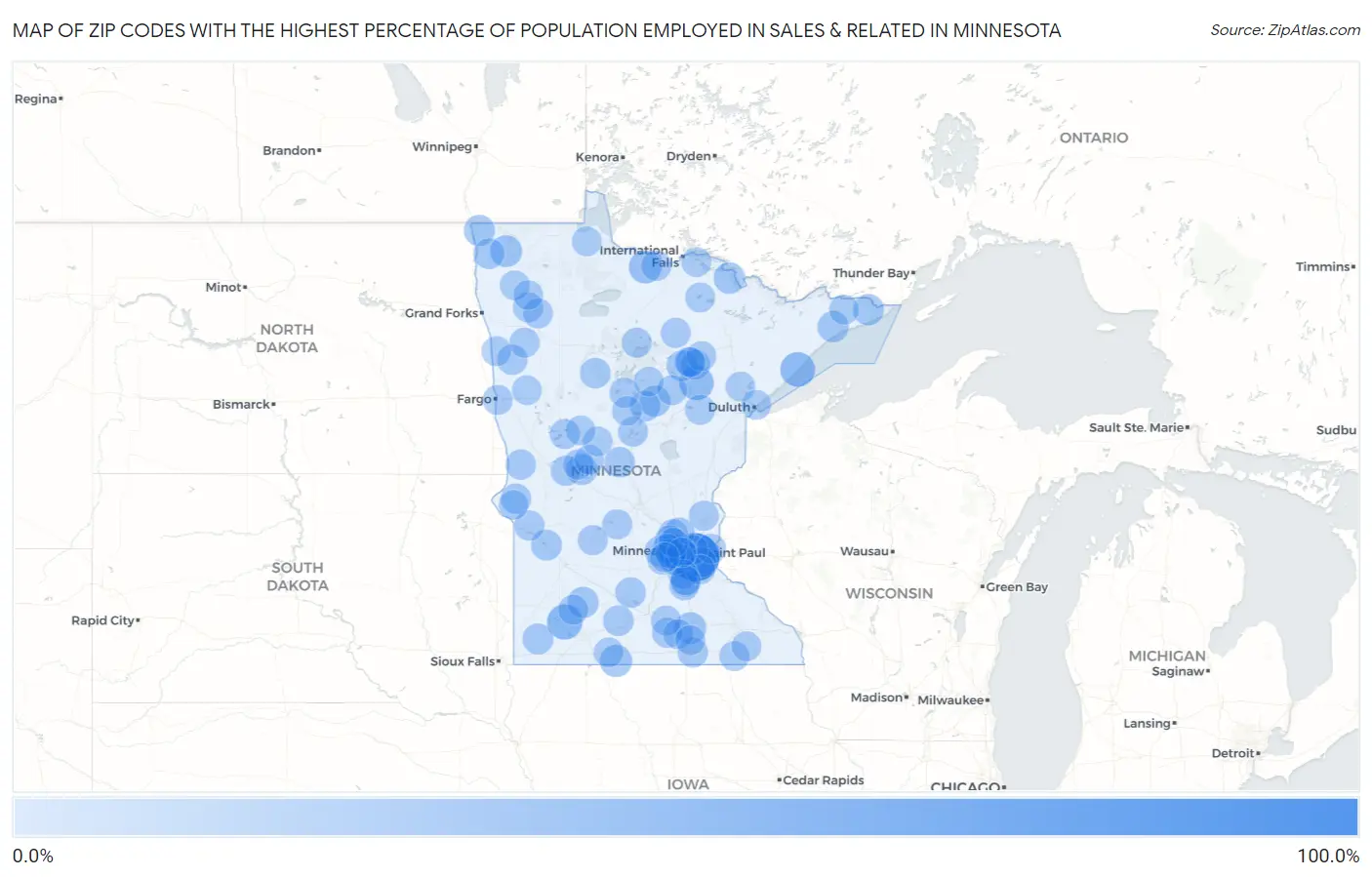 Zip Codes with the Highest Percentage of Population Employed in Sales & Related in Minnesota Map