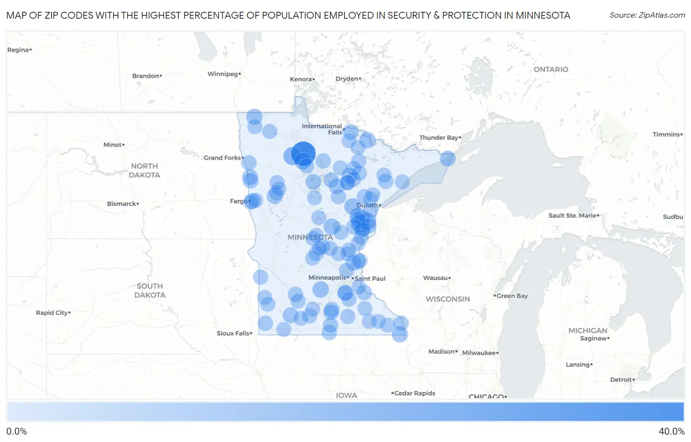 Zip Codes with the Highest Percentage of Population Employed in Security & Protection in Minnesota Map