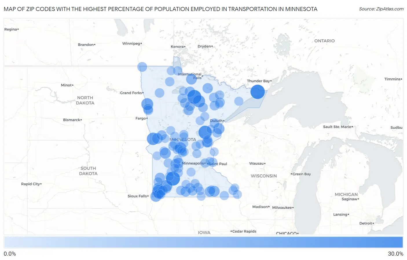 Zip Codes with the Highest Percentage of Population Employed in Transportation in Minnesota Map