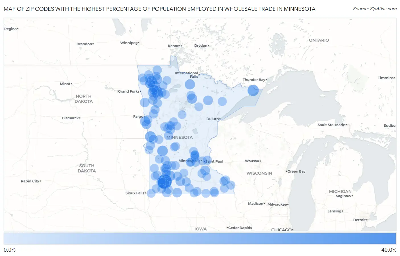 Zip Codes with the Highest Percentage of Population Employed in Wholesale Trade in Minnesota Map