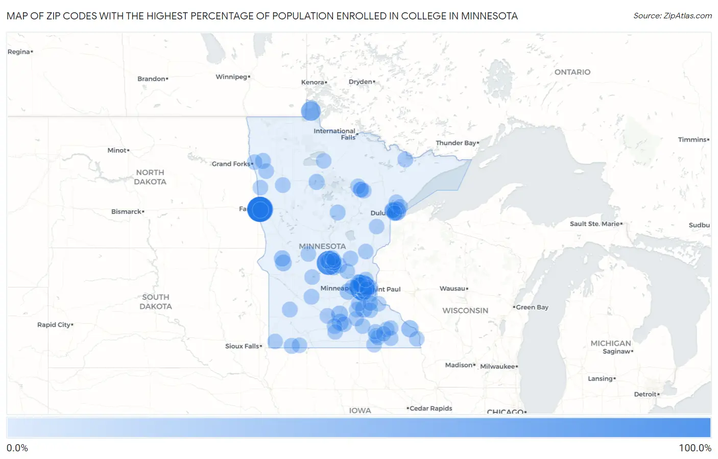 Zip Codes with the Highest Percentage of Population Enrolled in College in Minnesota Map