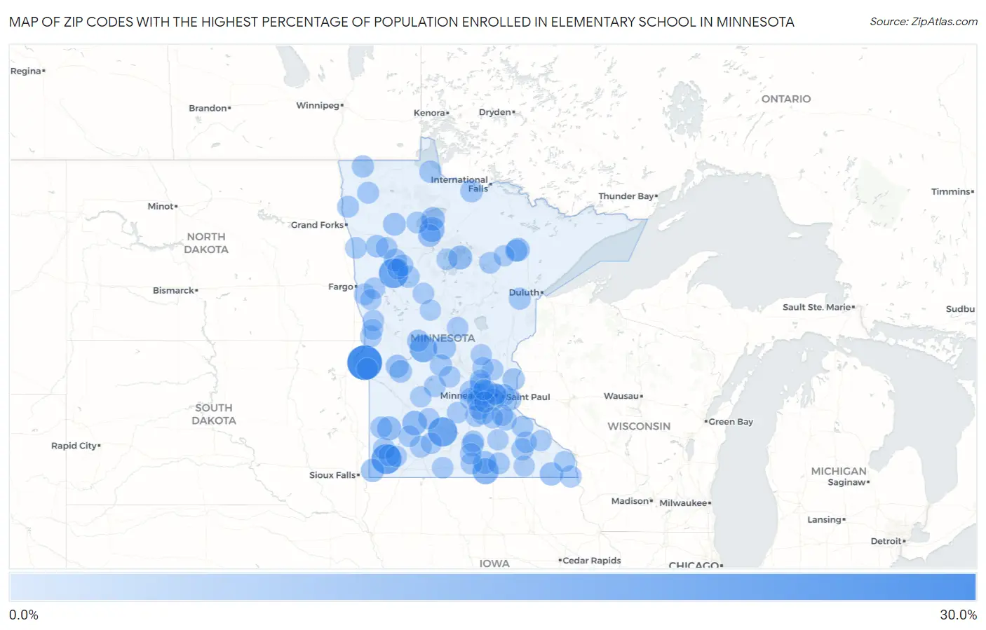 Zip Codes with the Highest Percentage of Population Enrolled in Elementary School in Minnesota Map