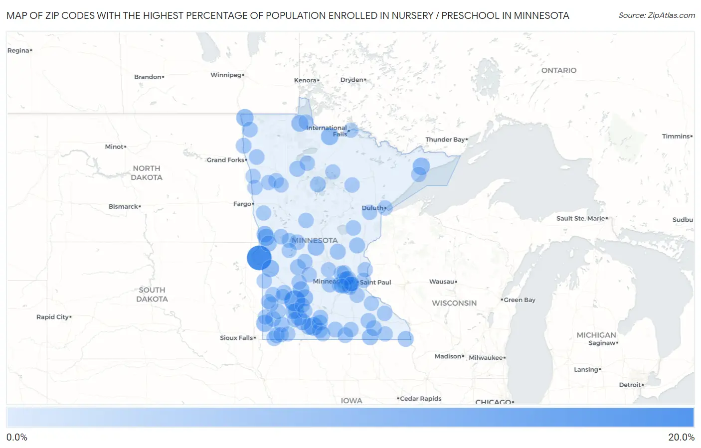 Zip Codes with the Highest Percentage of Population Enrolled in Nursery / Preschool in Minnesota Map