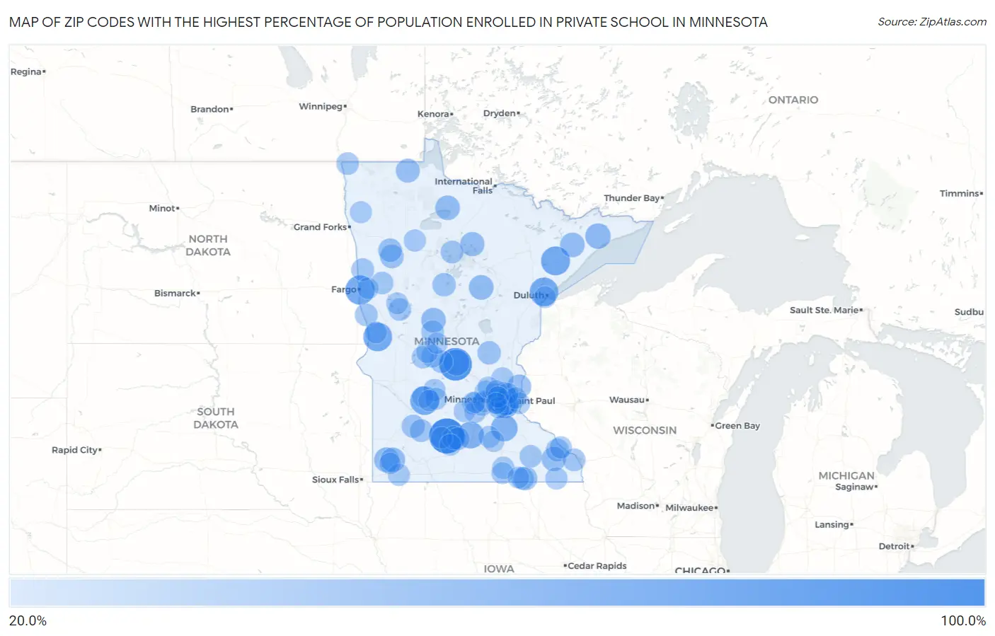 Zip Codes with the Highest Percentage of Population Enrolled in Private School in Minnesota Map