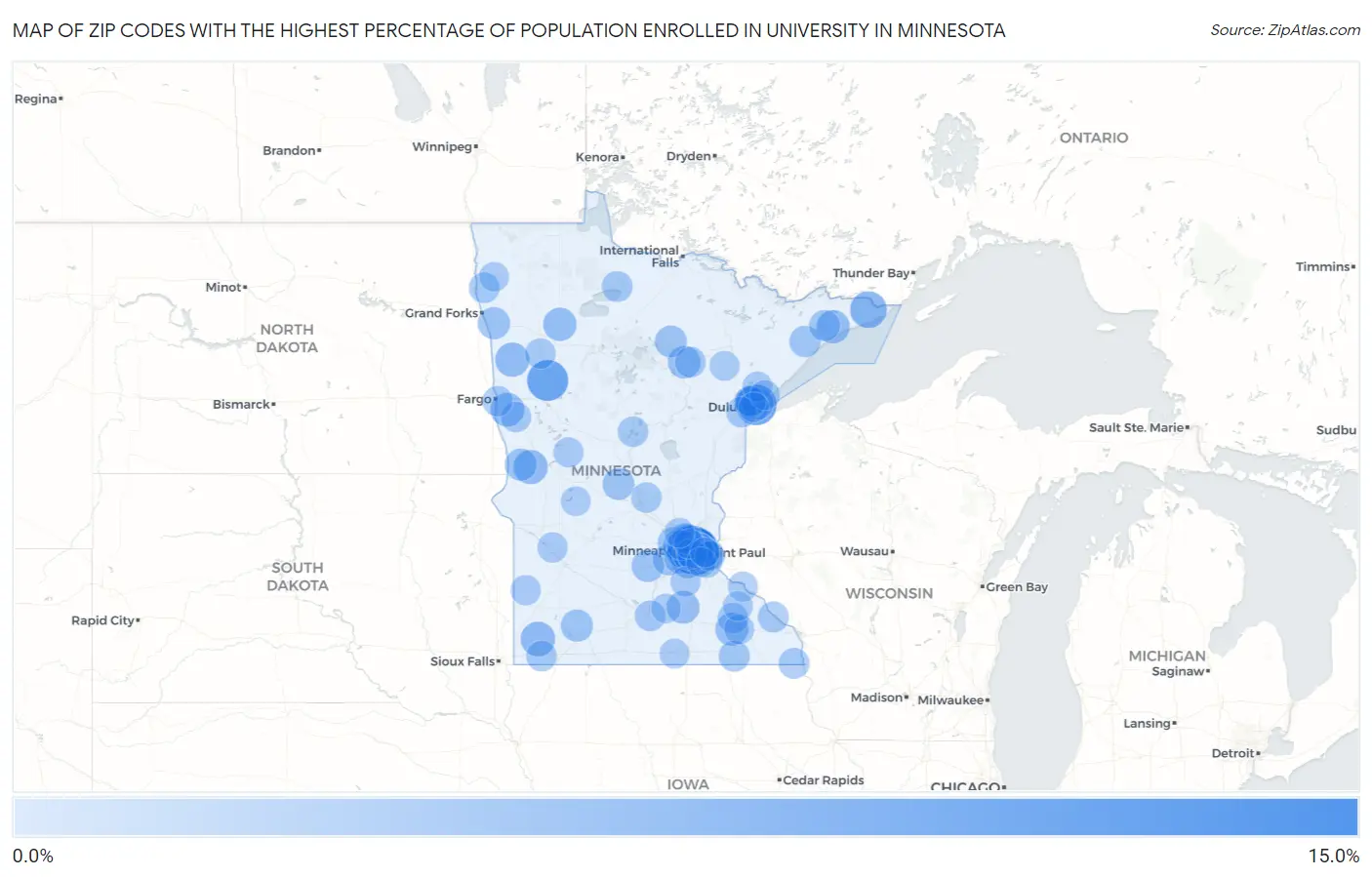 Zip Codes with the Highest Percentage of Population Enrolled in University in Minnesota Map