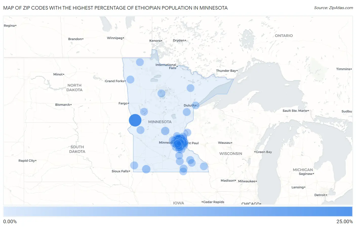 Zip Codes with the Highest Percentage of Ethiopian Population in Minnesota Map