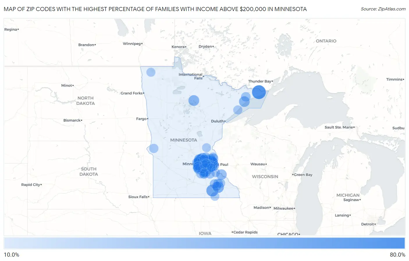 Zip Codes with the Highest Percentage of Families with Income Above $200,000 in Minnesota Map