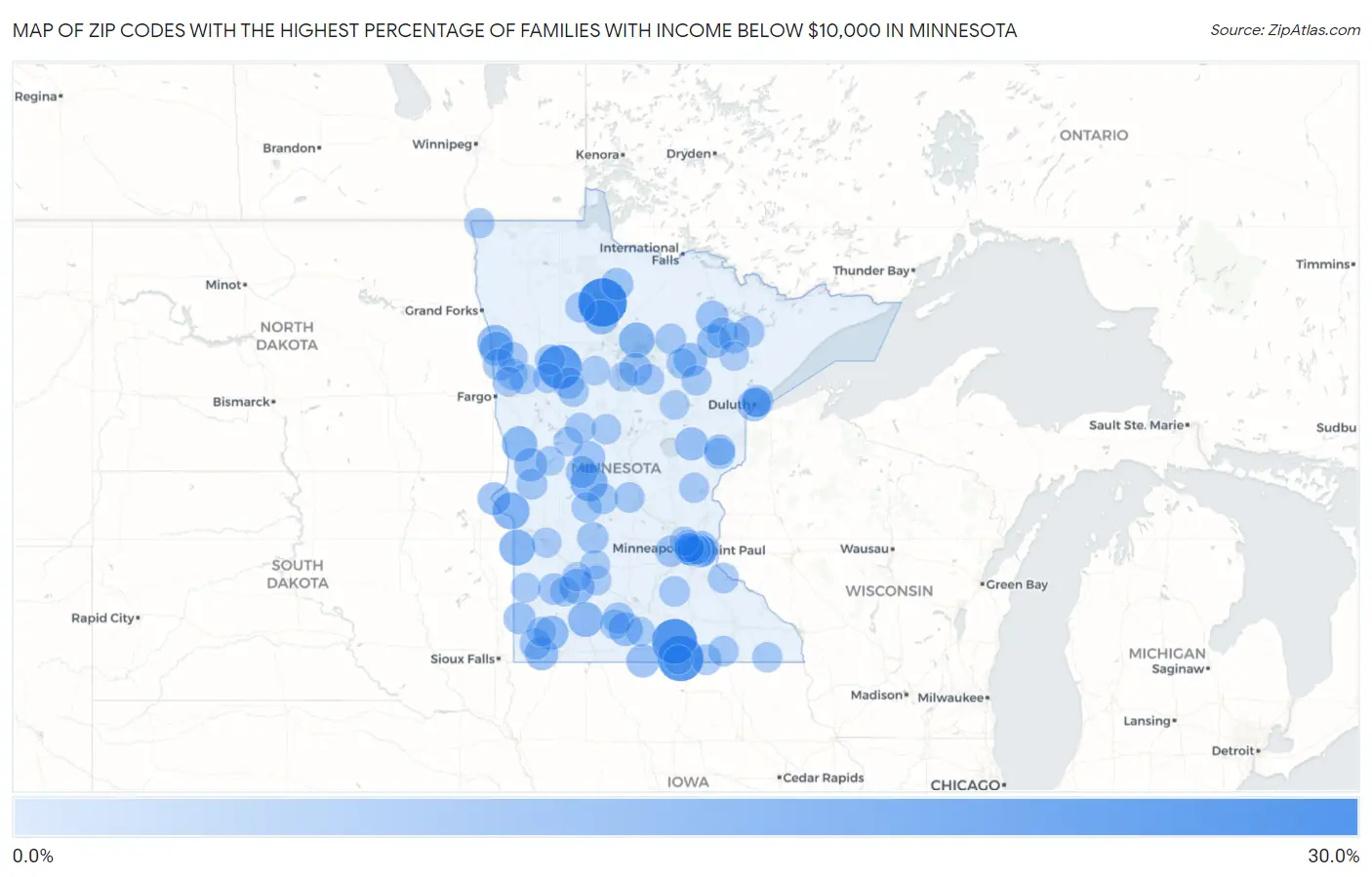 Zip Codes with the Highest Percentage of Families with Income Below $10,000 in Minnesota Map