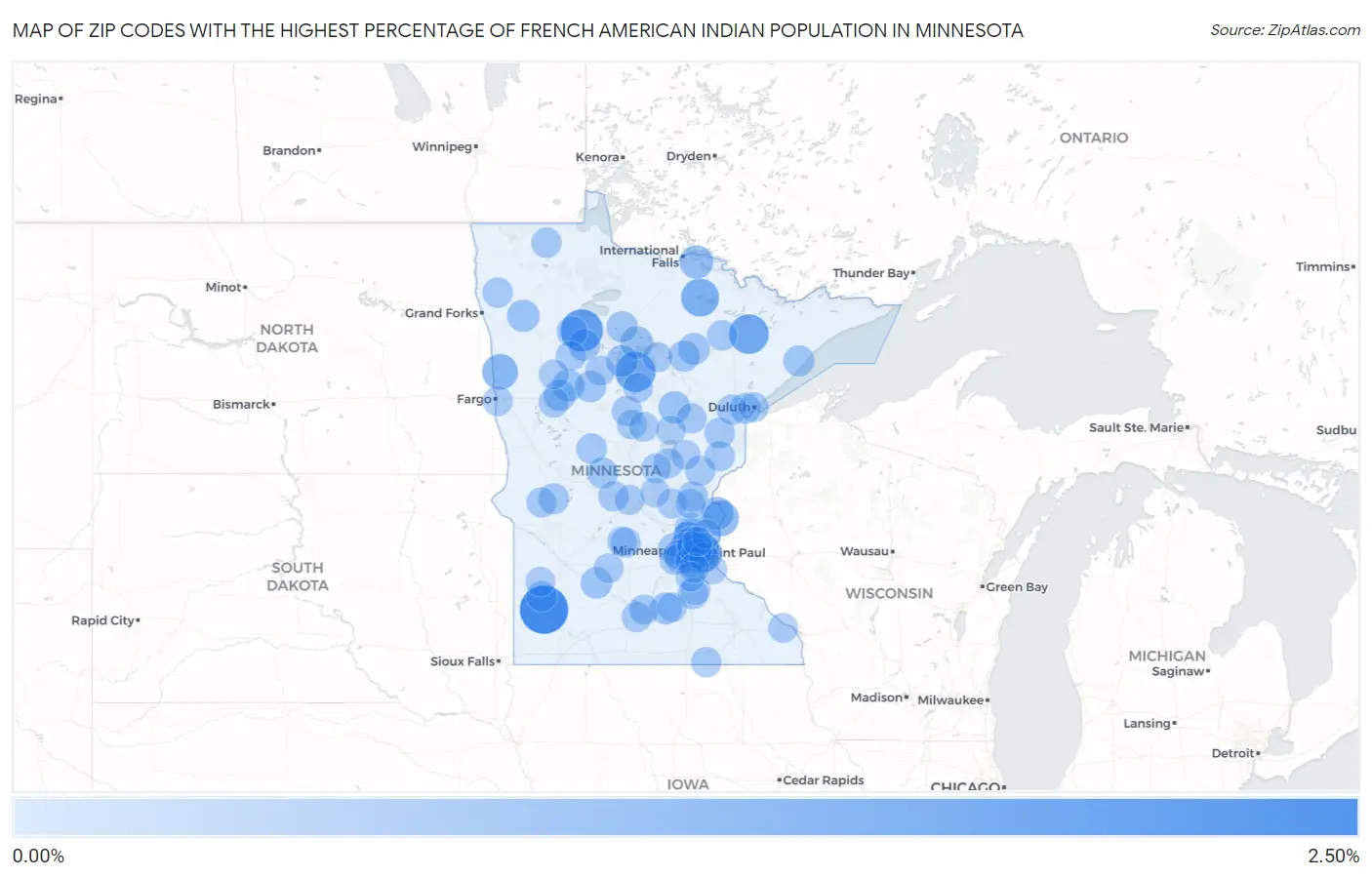 Zip Codes with the Highest Percentage of French American Indian Population in Minnesota Map