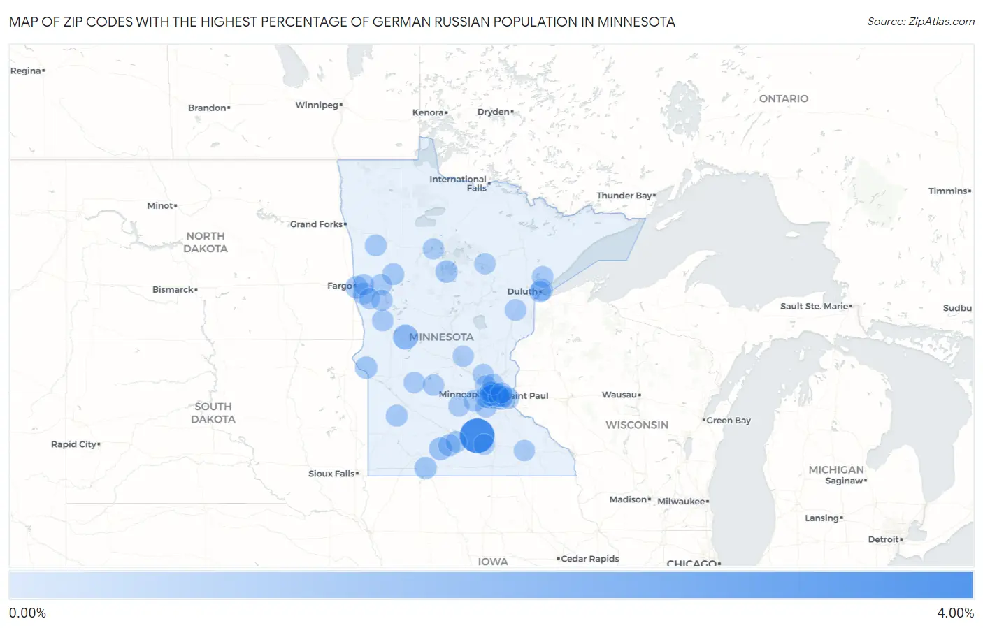 Zip Codes with the Highest Percentage of German Russian Population in Minnesota Map