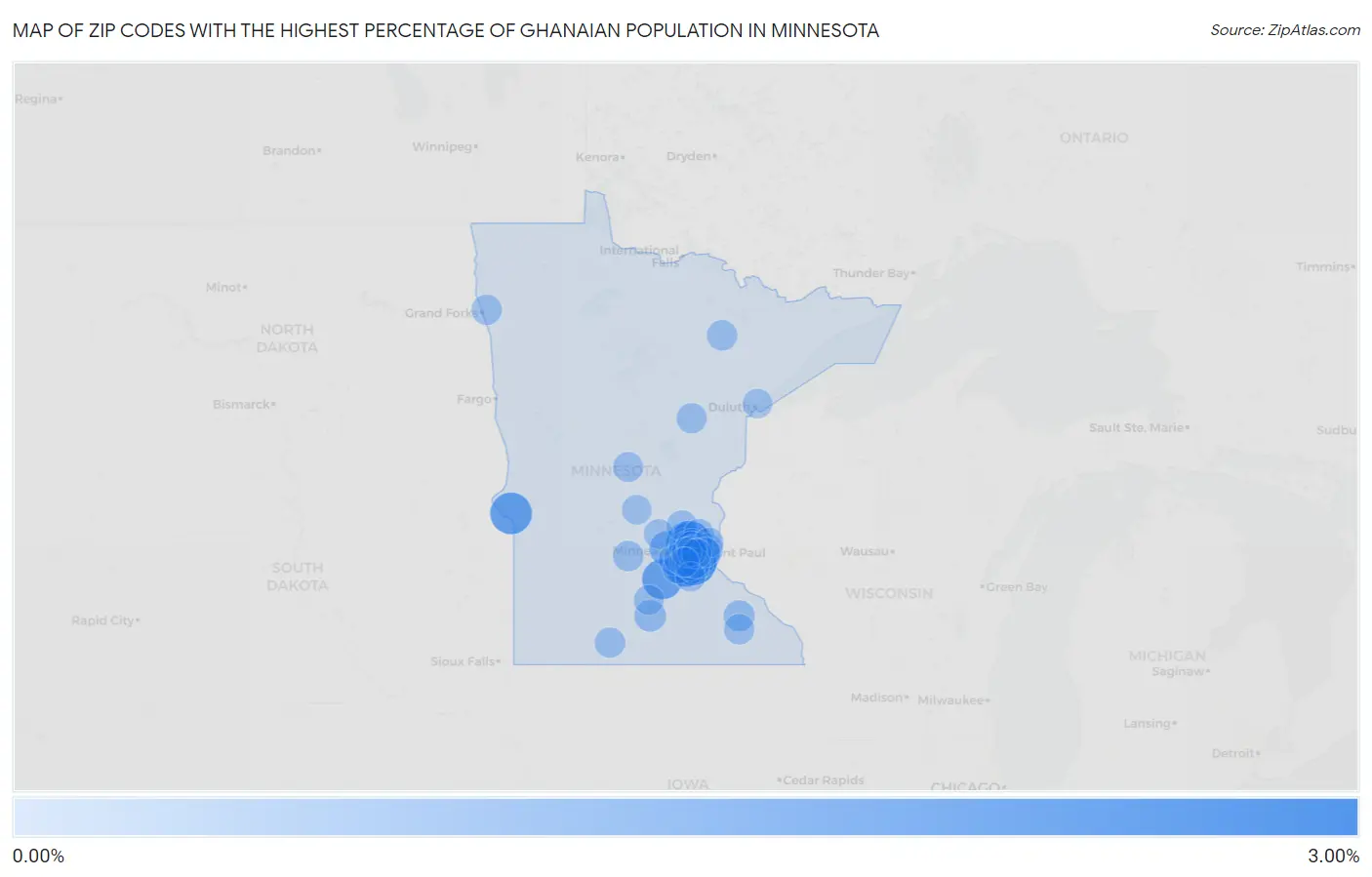 Zip Codes with the Highest Percentage of Ghanaian Population in Minnesota Map
