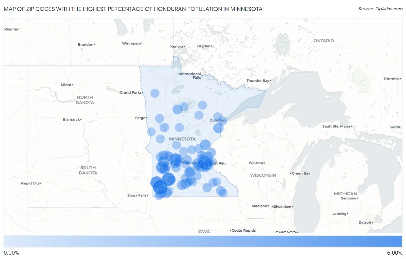 Zip Codes with the Highest Percentage of Honduran Population in Minnesota Map