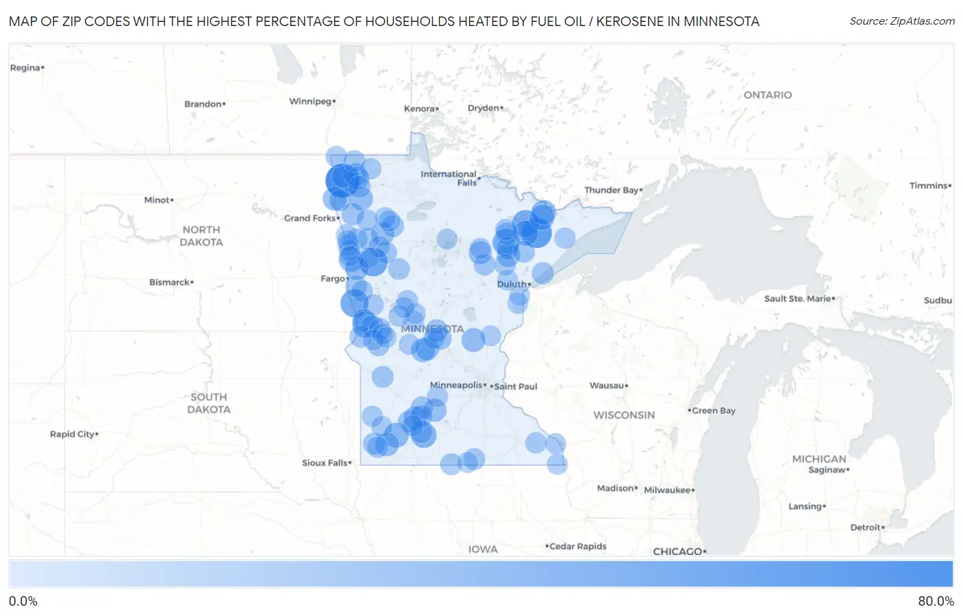 Zip Codes with the Highest Percentage of Households Heated by Fuel Oil / Kerosene in Minnesota Map