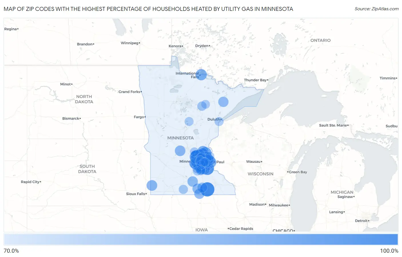 Zip Codes with the Highest Percentage of Households Heated by Utility Gas in Minnesota Map