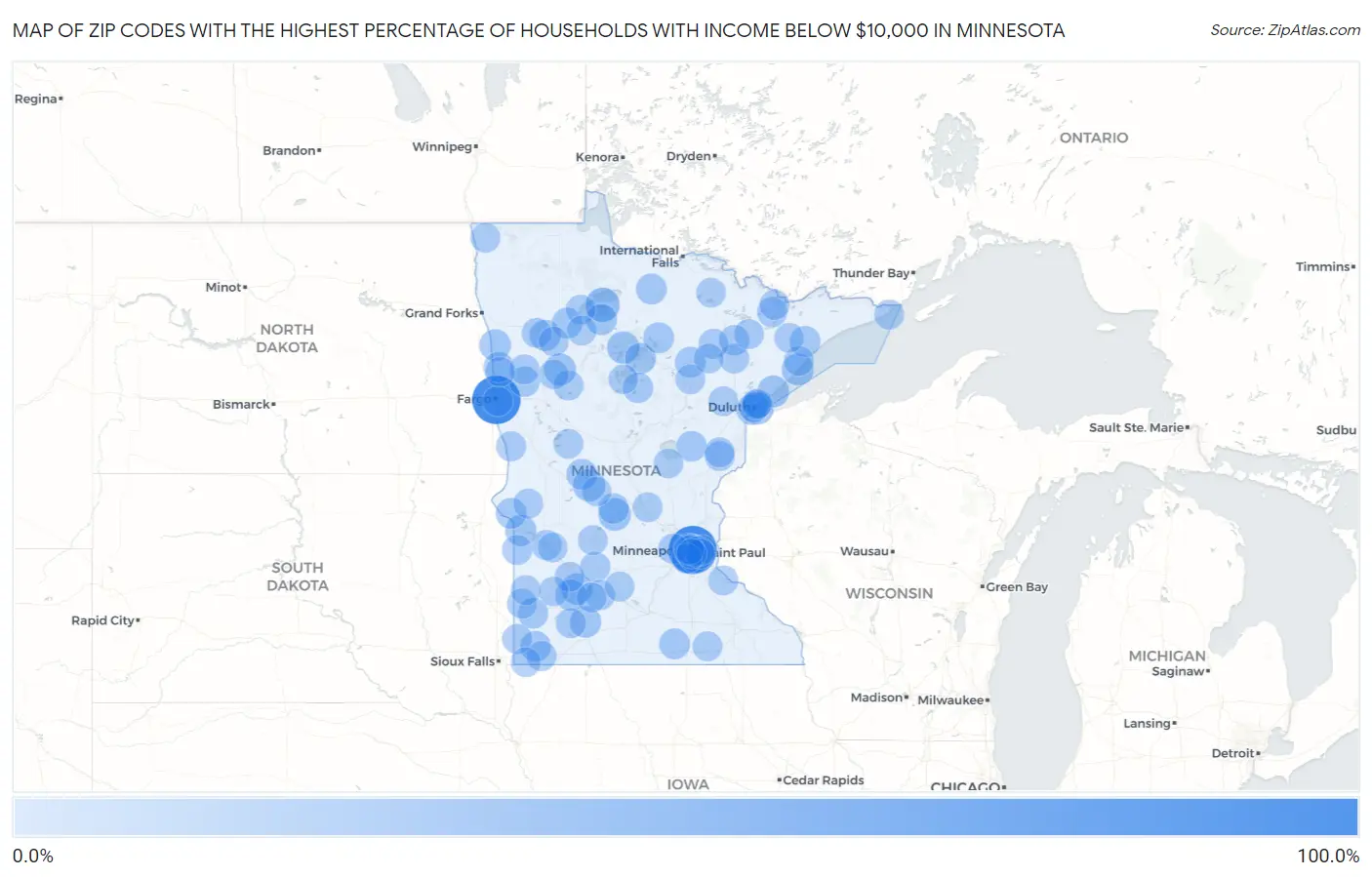 Zip Codes with the Highest Percentage of Households with Income Below $10,000 in Minnesota Map