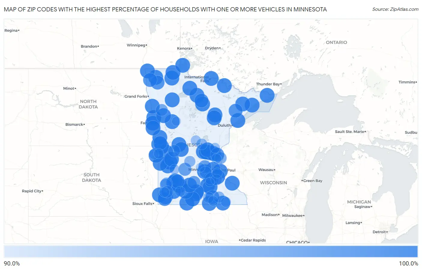 Zip Codes with the Highest Percentage of Households With One or more Vehicles in Minnesota Map