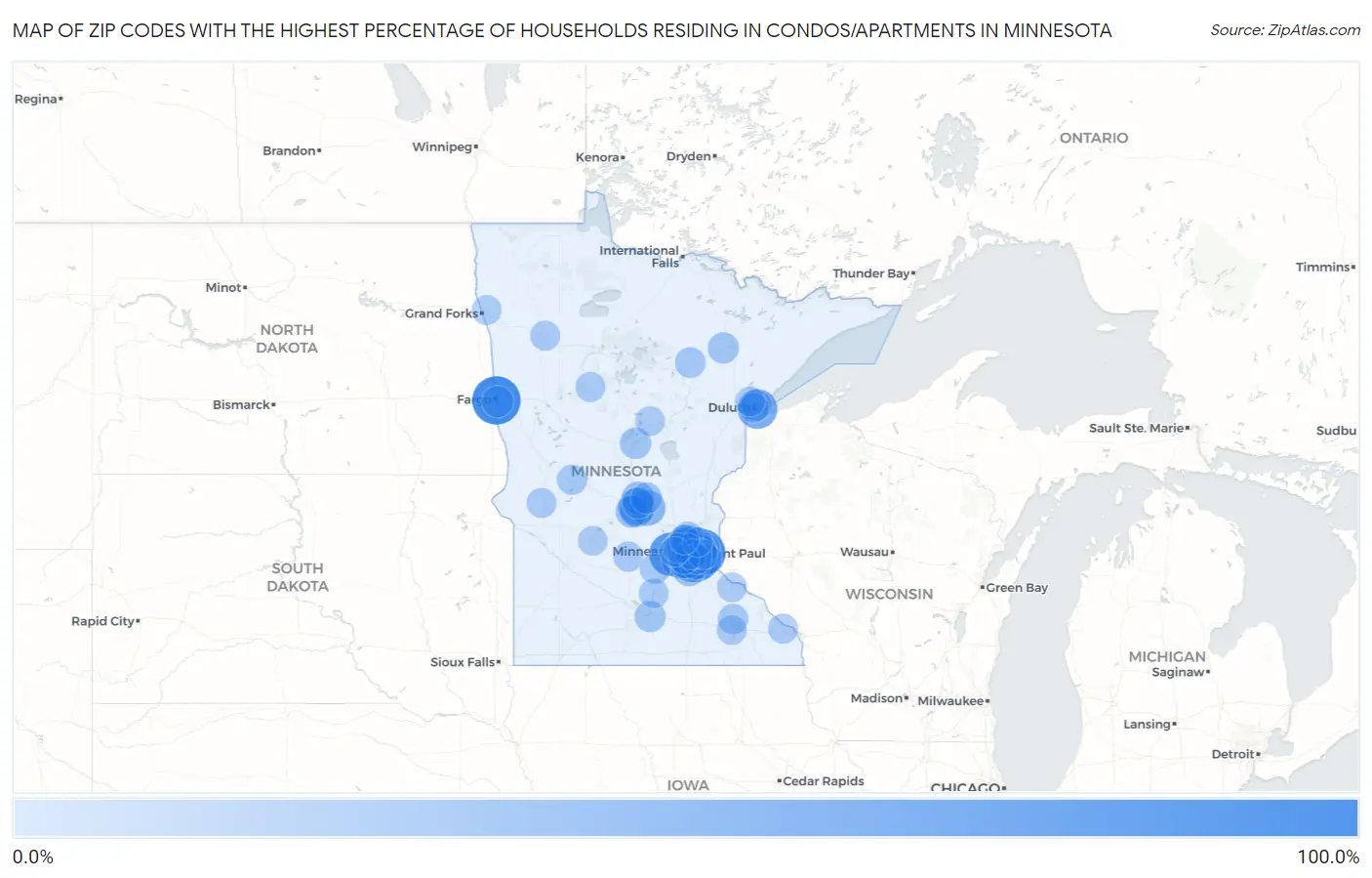 Zip Codes with the Highest Percentage of Households Residing in Condos/Apartments in Minnesota Map