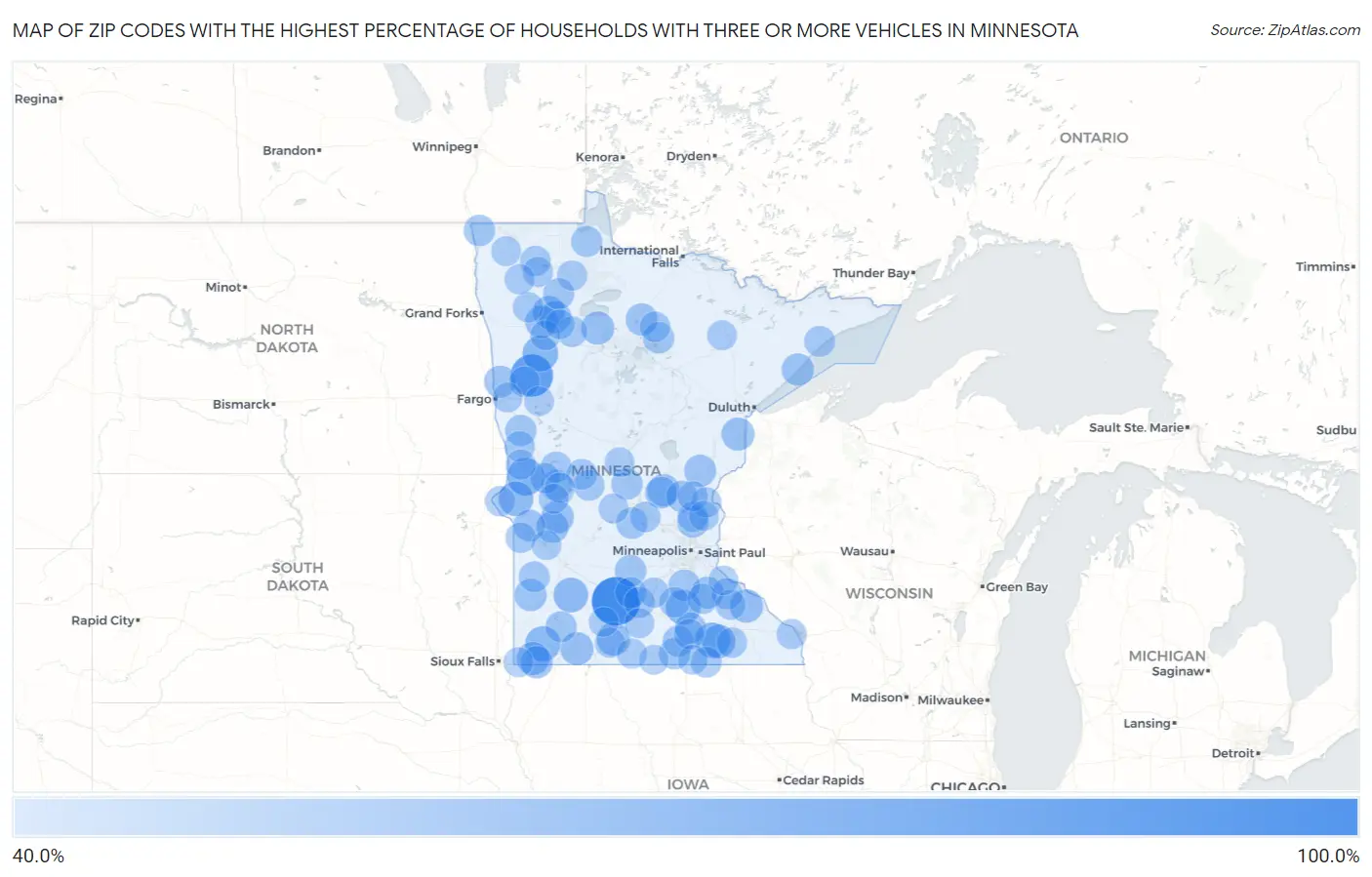Zip Codes with the Highest Percentage of Households With Three or more Vehicles in Minnesota Map