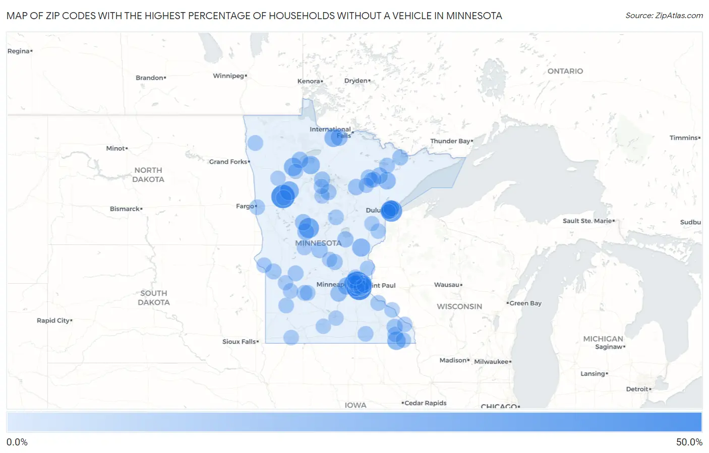 Zip Codes with the Highest Percentage of Households Without a Vehicle in Minnesota Map
