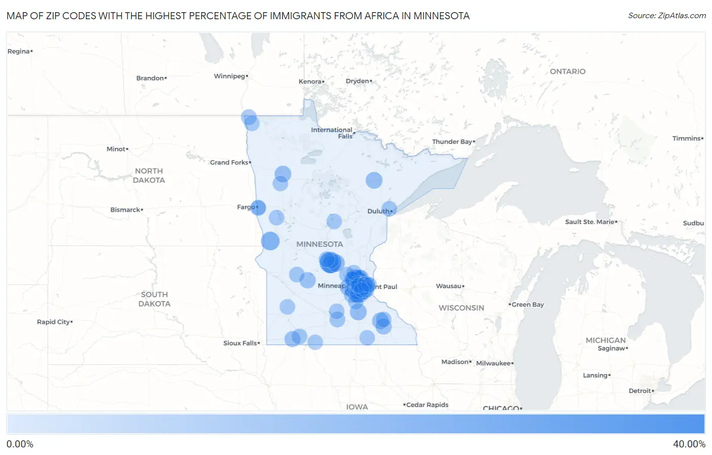 Zip Codes with the Highest Percentage of Immigrants from Africa in Minnesota Map