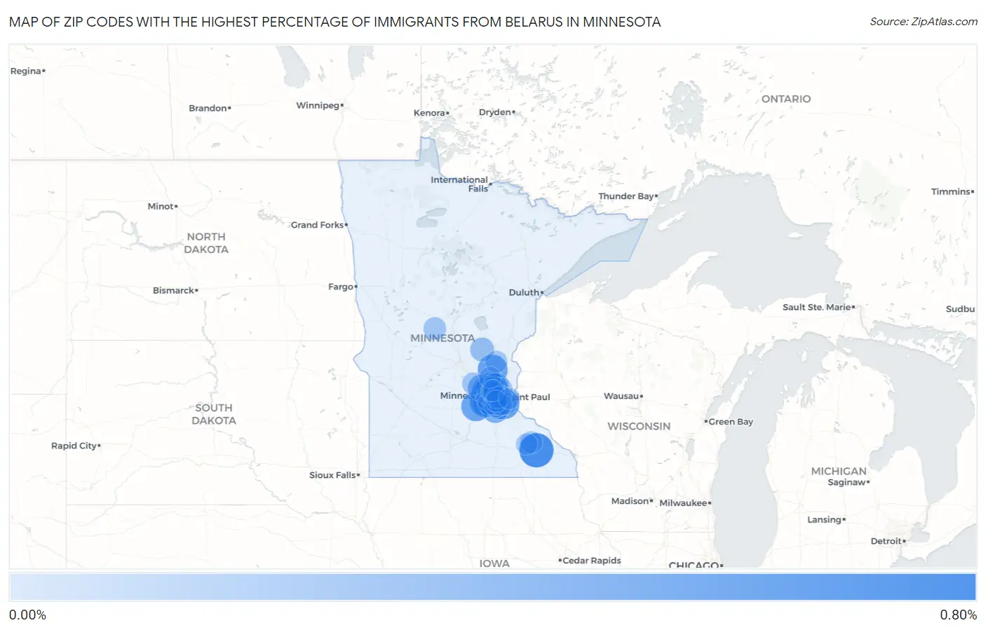Zip Codes with the Highest Percentage of Immigrants from Belarus in Minnesota Map