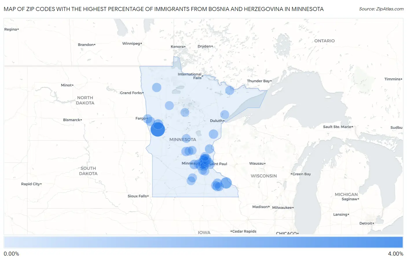 Zip Codes with the Highest Percentage of Immigrants from Bosnia and Herzegovina in Minnesota Map