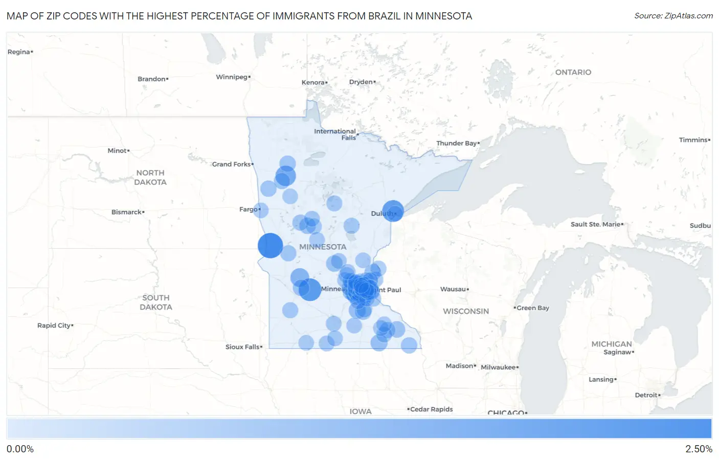 Zip Codes with the Highest Percentage of Immigrants from Brazil in Minnesota Map