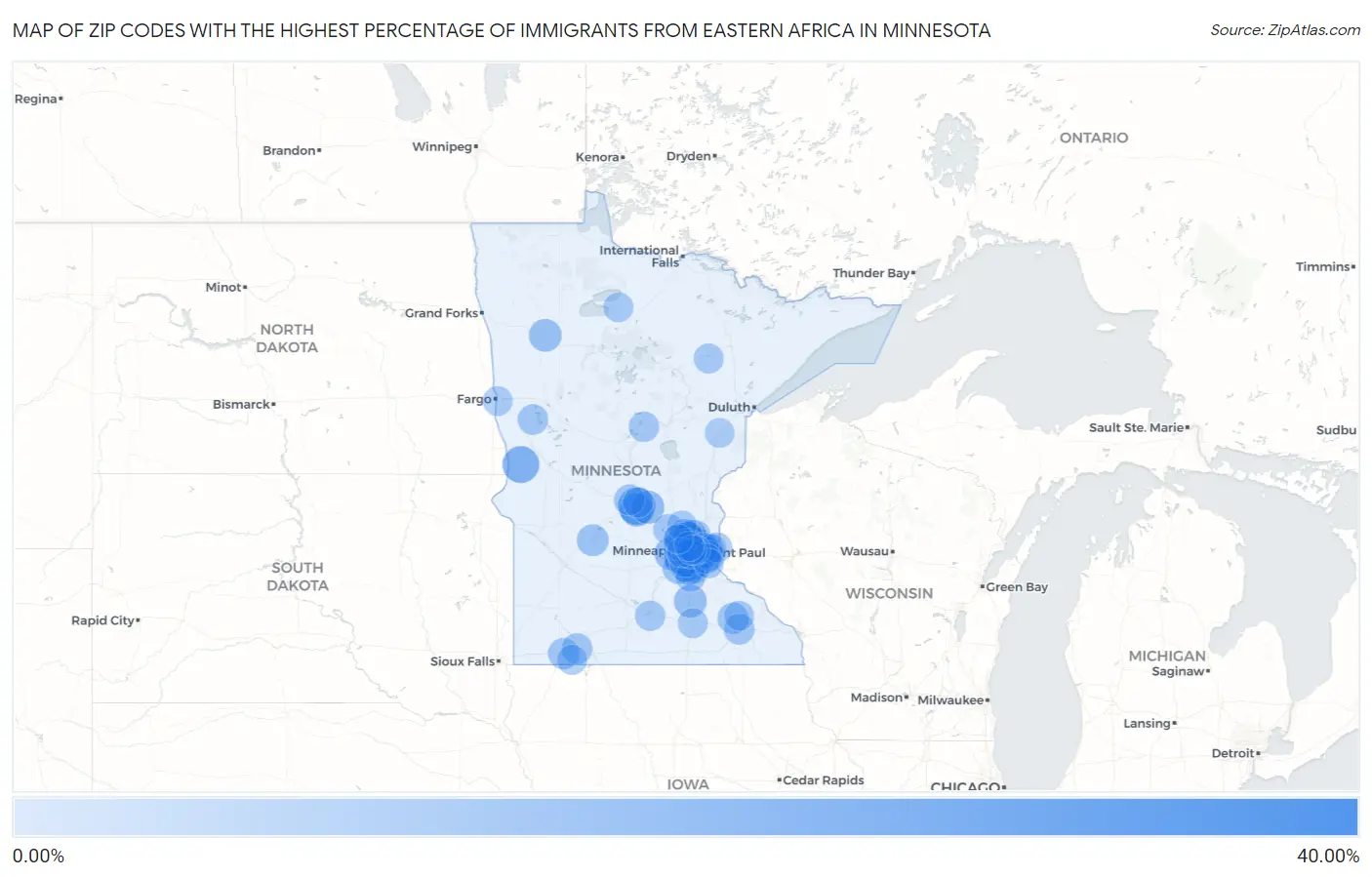 Zip Codes with the Highest Percentage of Immigrants from Eastern Africa in Minnesota Map