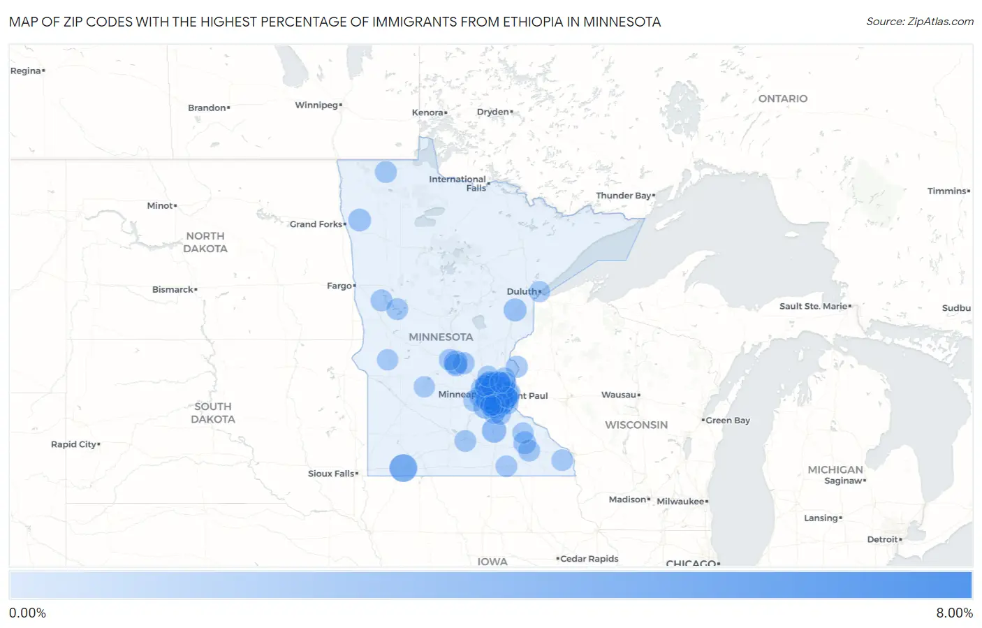 Zip Codes with the Highest Percentage of Immigrants from Ethiopia in Minnesota Map