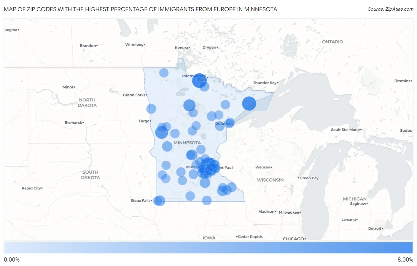 Zip Codes with the Highest Percentage of Immigrants from Europe in Minnesota Map
