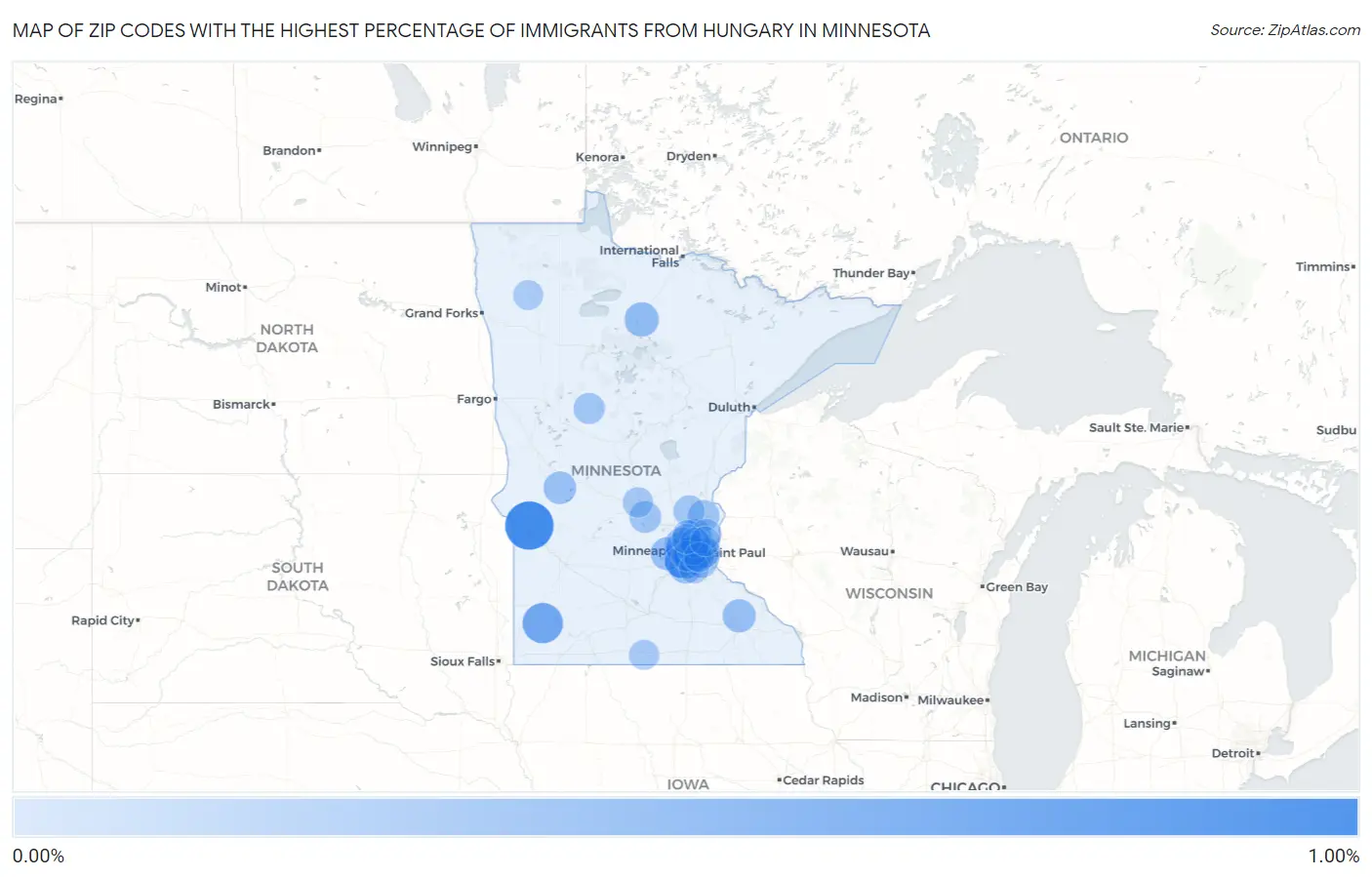 Zip Codes with the Highest Percentage of Immigrants from Hungary in Minnesota Map