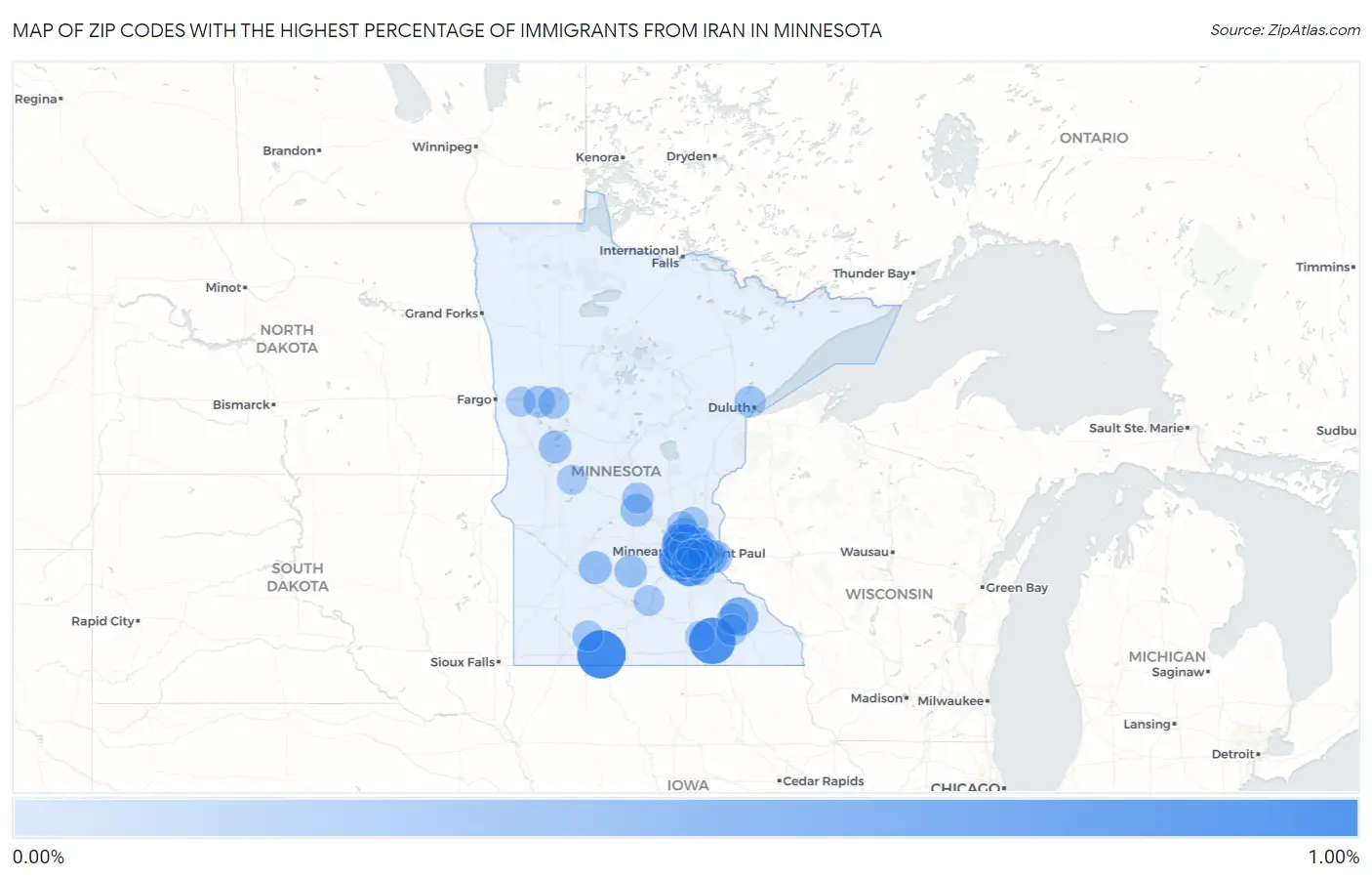 Zip Codes with the Highest Percentage of Immigrants from Iran in Minnesota Map