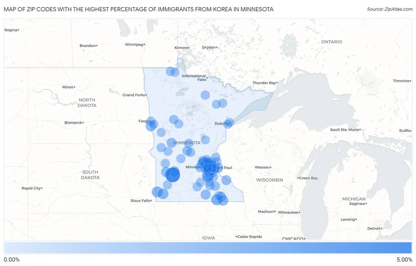 Zip Codes with the Highest Percentage of Immigrants from Korea in Minnesota Map