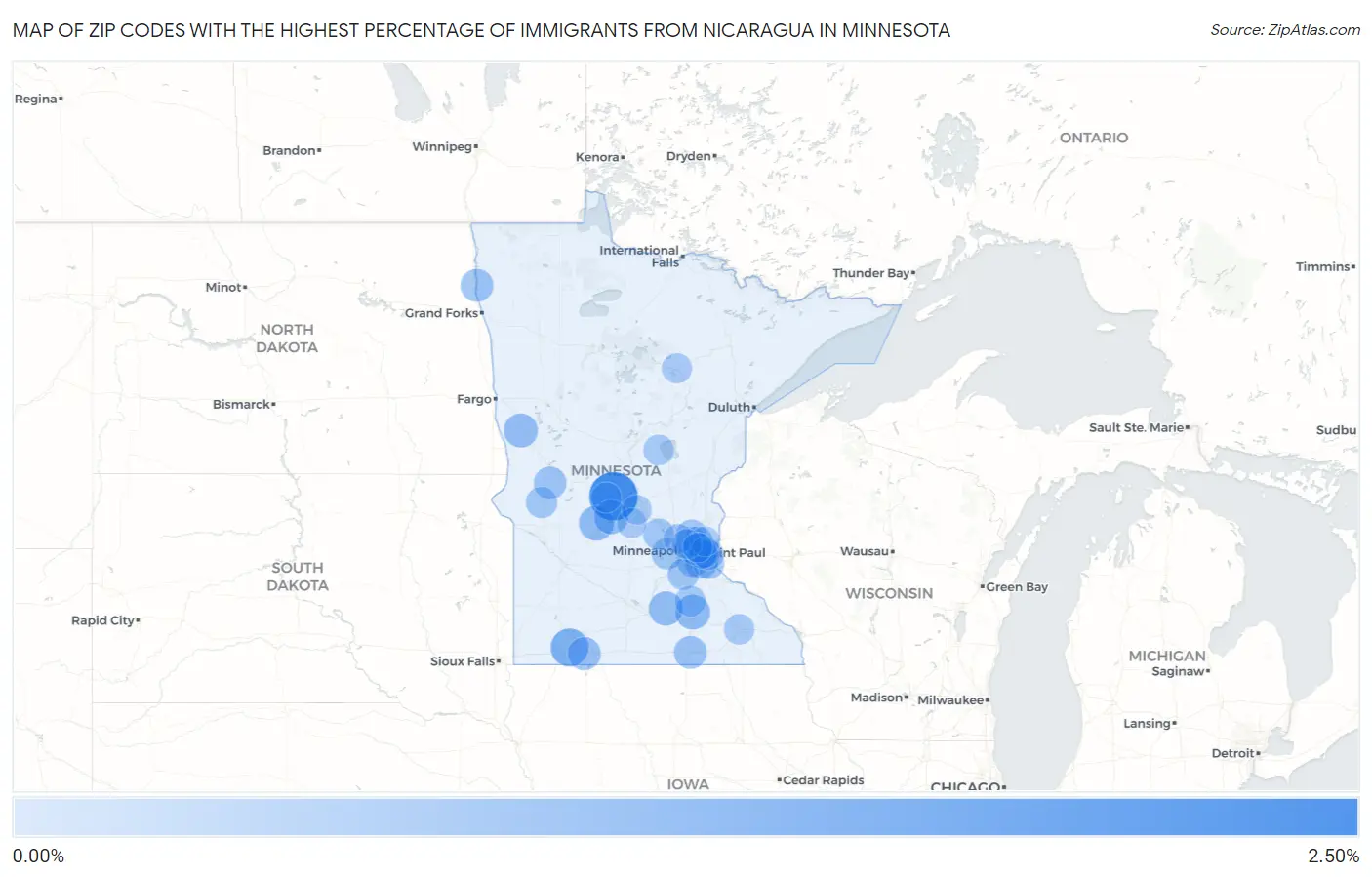 Zip Codes with the Highest Percentage of Immigrants from Nicaragua in Minnesota Map