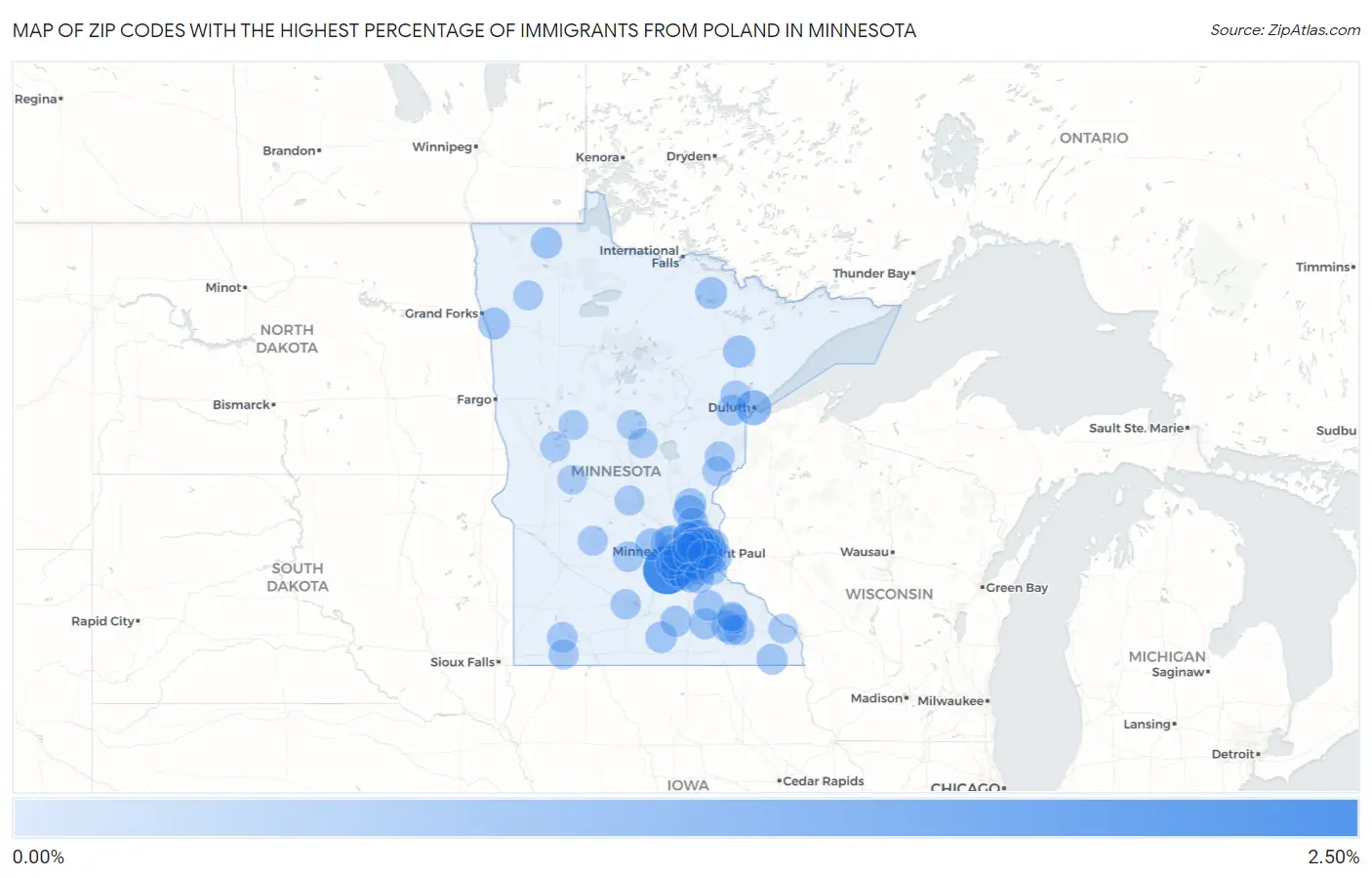 Zip Codes with the Highest Percentage of Immigrants from Poland in Minnesota Map