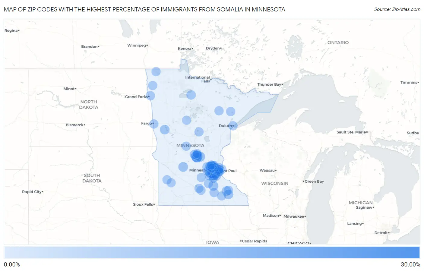 Zip Codes with the Highest Percentage of Immigrants from Somalia in Minnesota Map