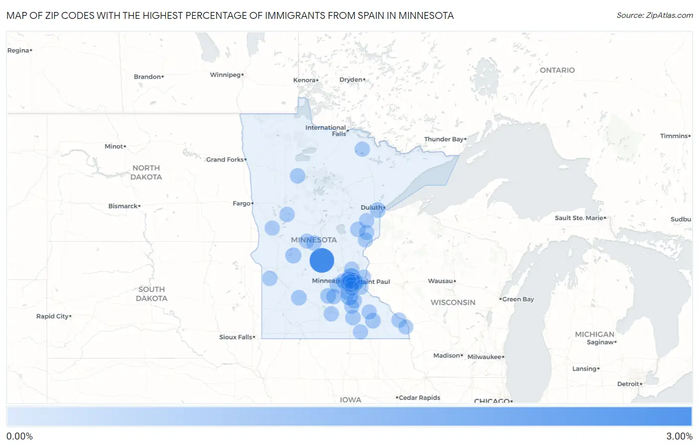 Zip Codes with the Highest Percentage of Immigrants from Spain in Minnesota Map