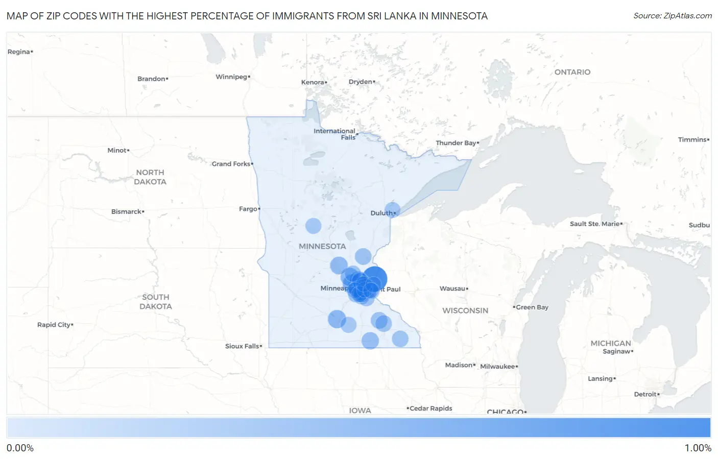 Zip Codes with the Highest Percentage of Immigrants from Sri Lanka in Minnesota Map