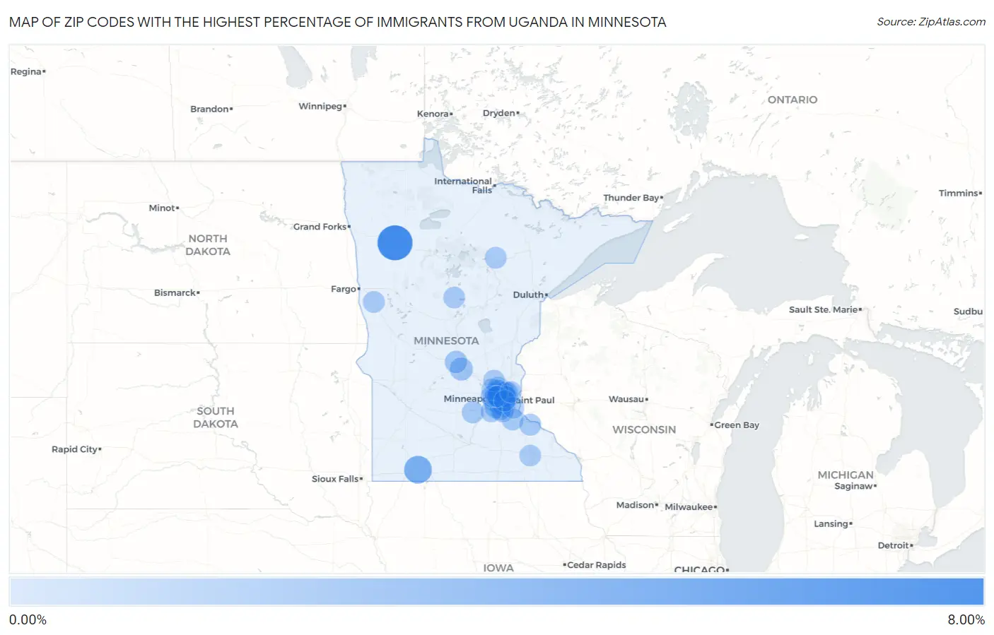 Zip Codes with the Highest Percentage of Immigrants from Uganda in Minnesota Map