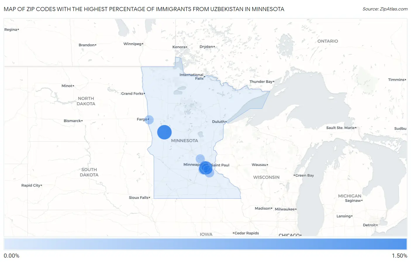 Zip Codes with the Highest Percentage of Immigrants from Uzbekistan in Minnesota Map