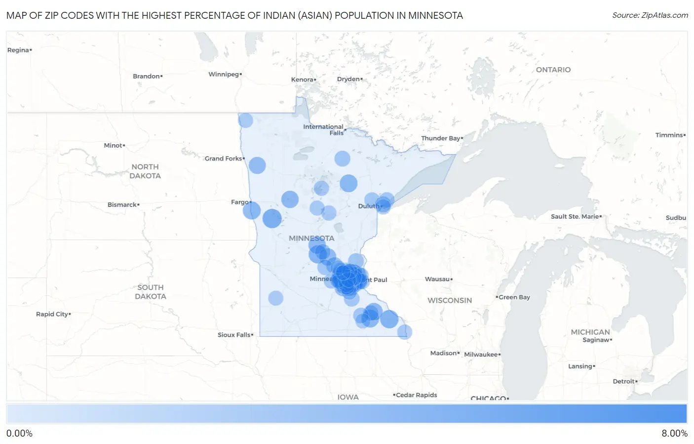 Zip Codes with the Highest Percentage of Indian (Asian) Population in Minnesota Map
