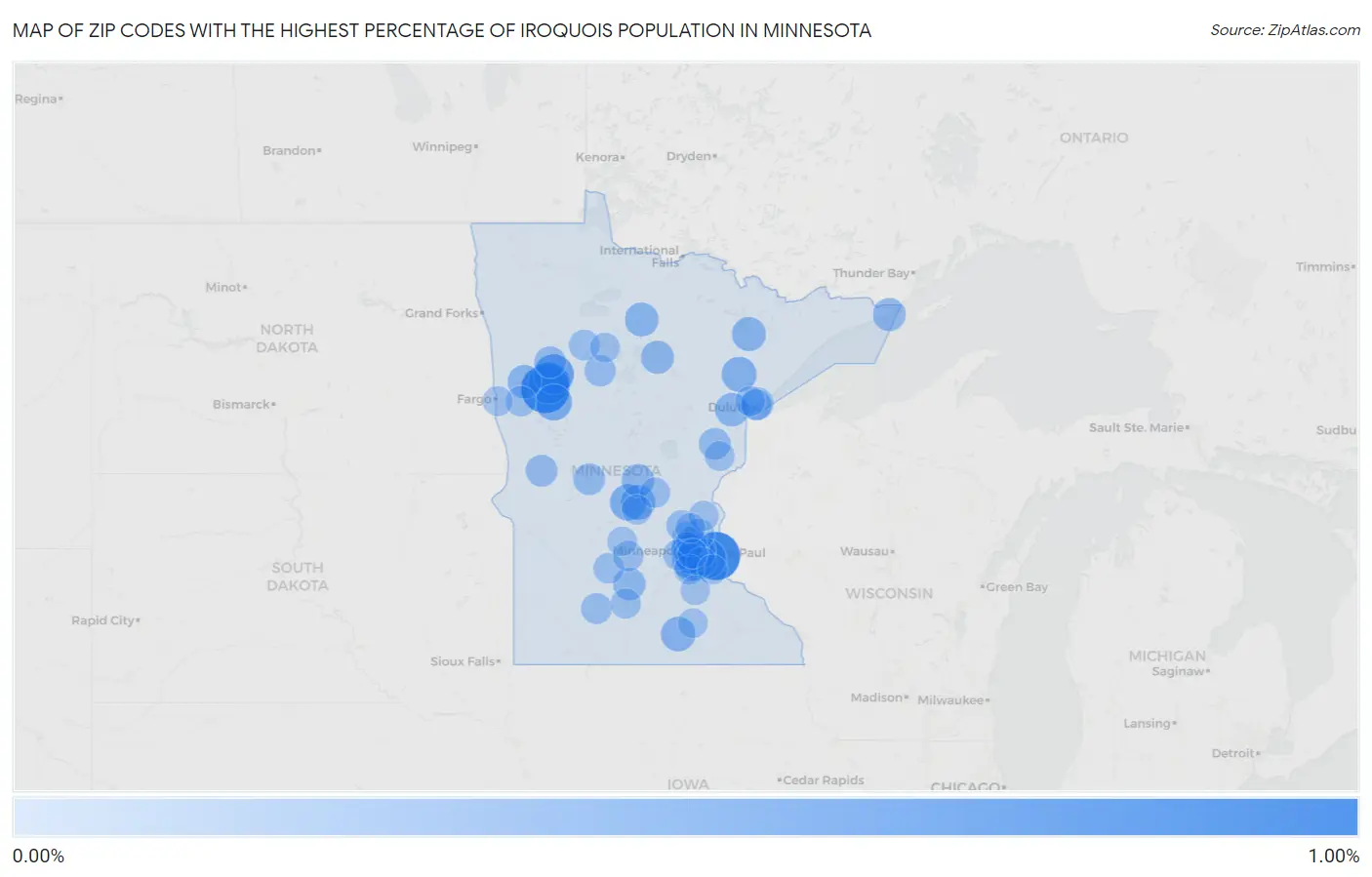 Zip Codes with the Highest Percentage of Iroquois Population in Minnesota Map