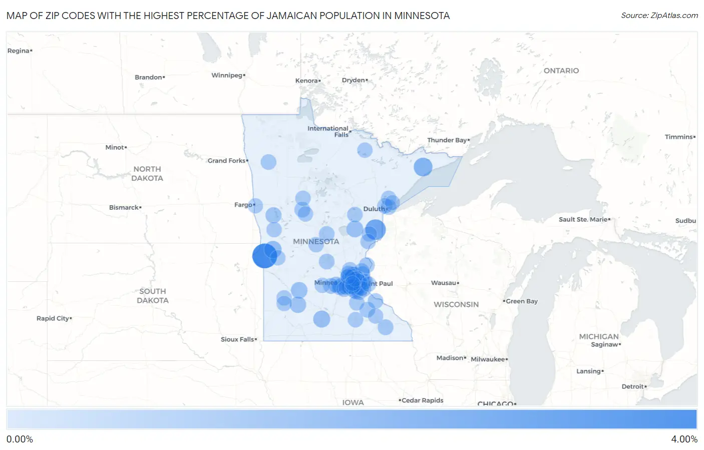 Zip Codes with the Highest Percentage of Jamaican Population in Minnesota Map