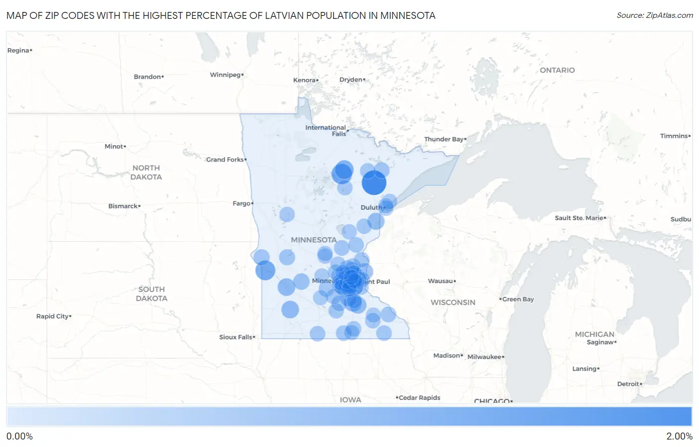 Zip Codes with the Highest Percentage of Latvian Population in Minnesota Map